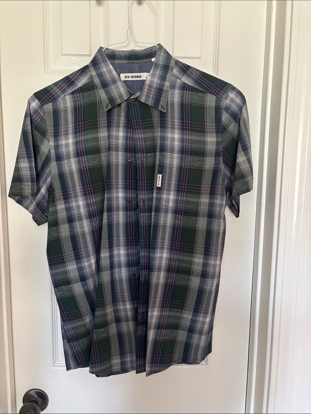 Ben Sherman Green and Navy Plaid Short Sleeve Button-Down Shirt